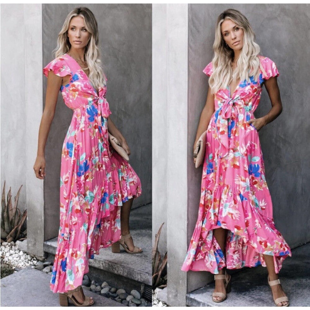 Vici Pink Floral Tie-Front Midi Dress